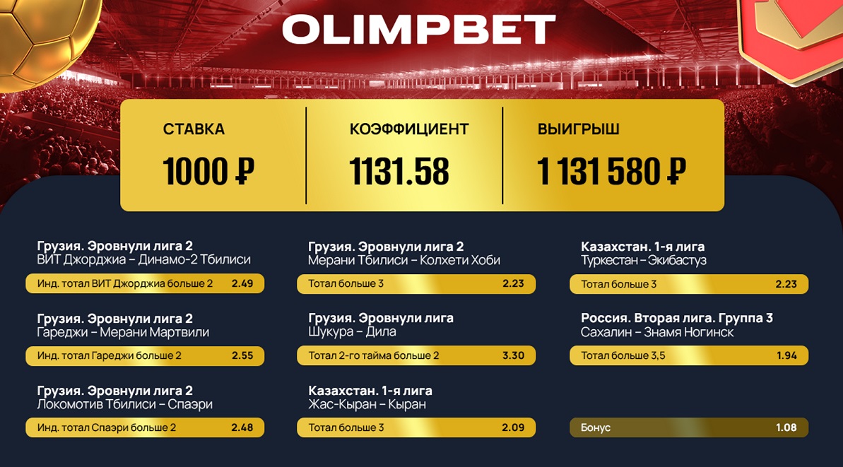 Клиент Olimpbet выиграл больше миллиона со ставки в тысячу