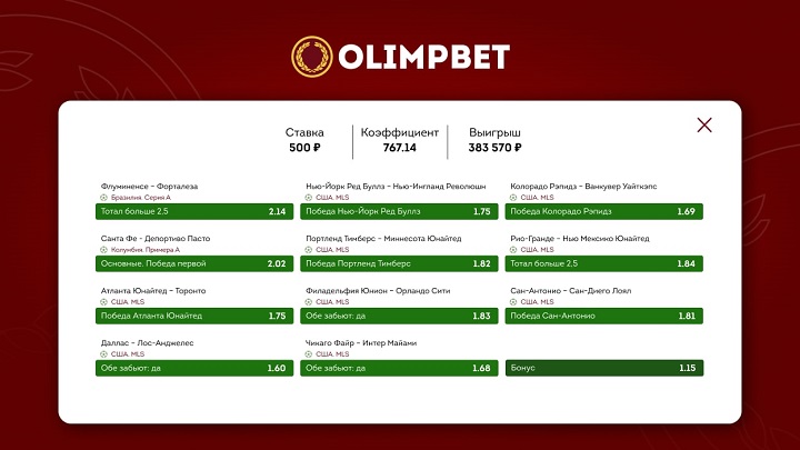 Заокеанские матчи принесли клиенту Olimpbet 383 570 рублей