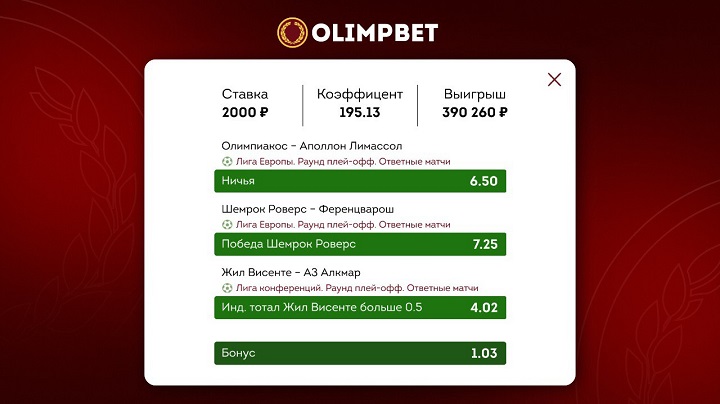 Клиент Olimpbet выиграл 390 260 рублей на матчах Лиги Европы и Лиги конференций