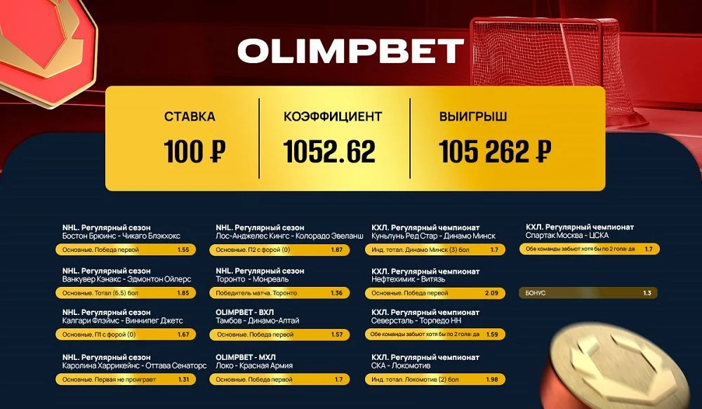 Хоккейная жара: в Olimpbet сыграл коэффициент 1052.62!