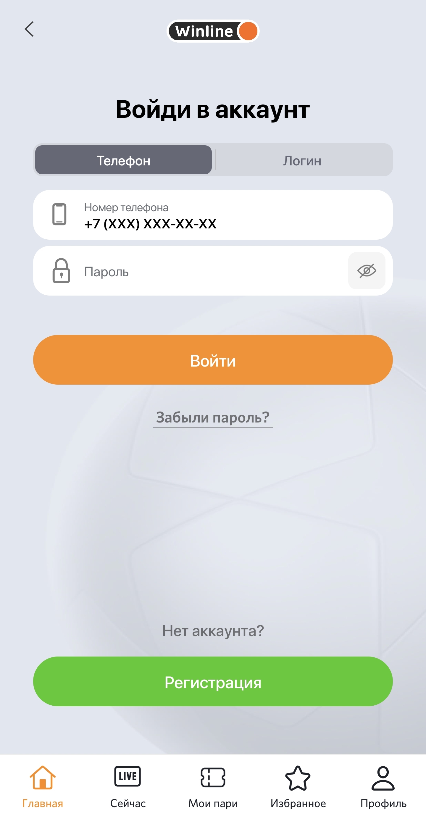 Ввод данных для авторизации в Винлайн