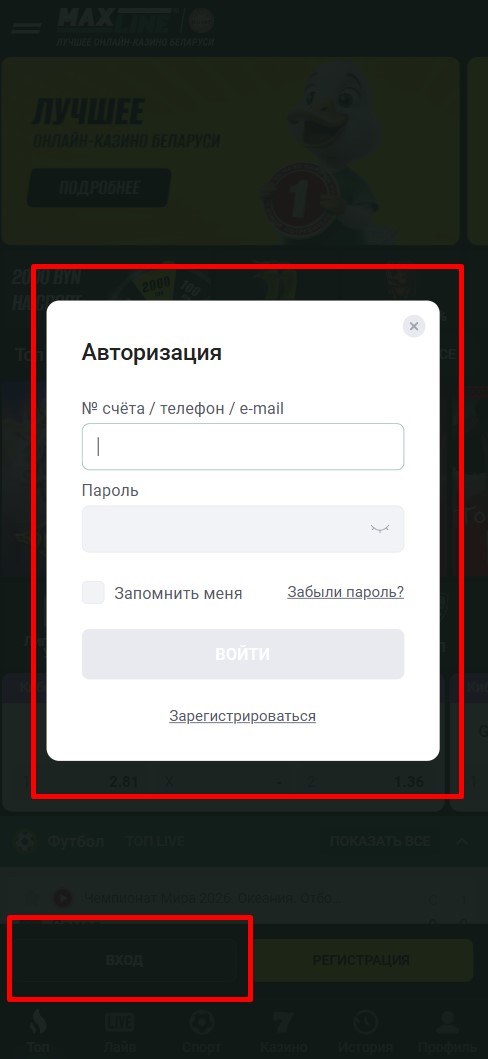 Авторизация в БК Макслайн