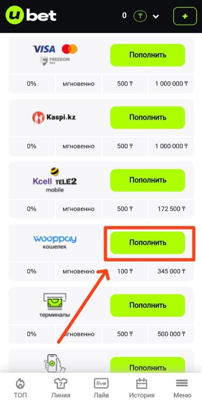 Выбор кошелька для пополнения Ubet